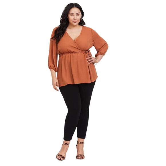 TORRID | Plus Sz 1 | Dusty Orange Surplice Neck 3/4 Sleeve Tie Waist Long Blouse - Picture 3 of 12